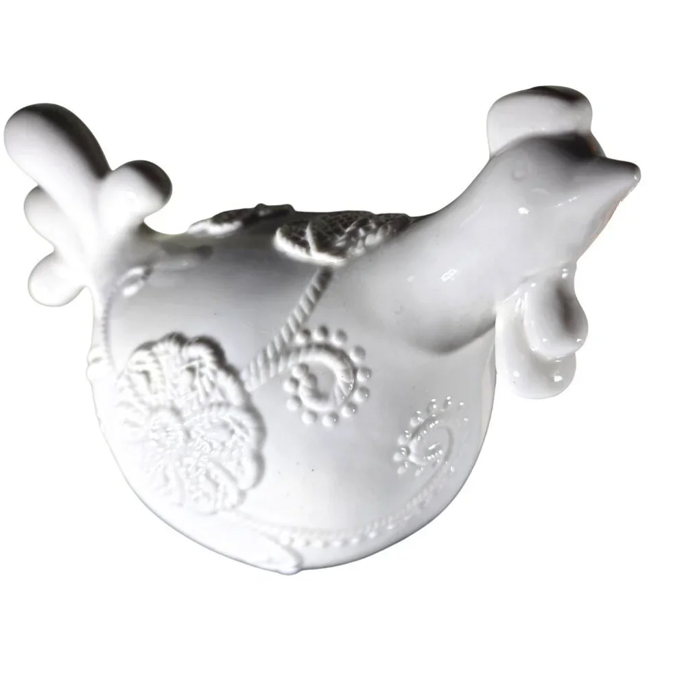 White Ceramic chicken Figurine Floral Apropos bird farmhouse cottagecore kitchen